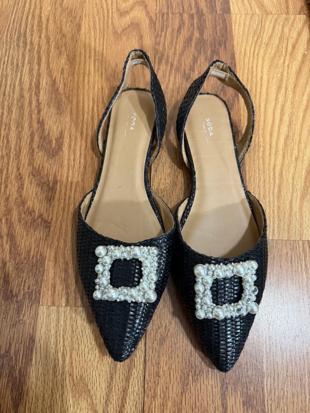 Soda Black Woven Pearl-Buckle Slingback Flats